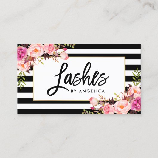 Carte De Visite Brush Script Rose Floral Lashes (Devant)
