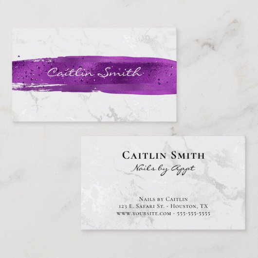 Carte De Visite Brush violet Stroke Silver White Foil Marbre (Devant / Derrière)