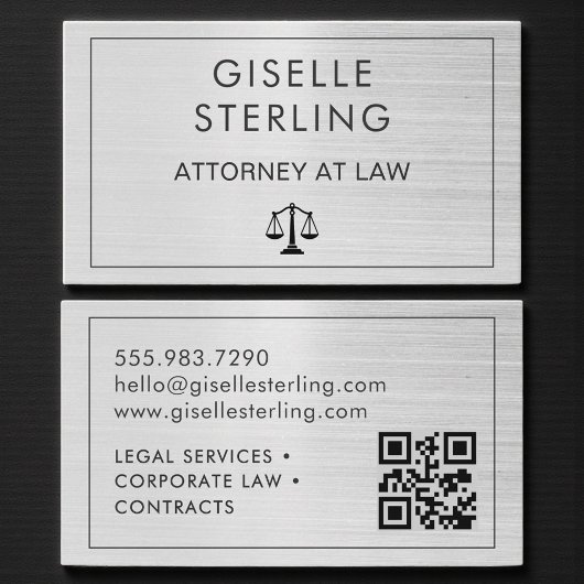 Carte De Visite Brushed Metal Lawyer Attorney at Law QR Code