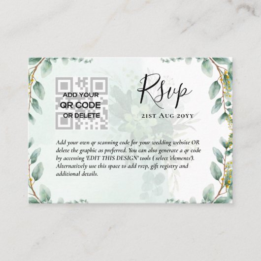 Carte De Visite Budget photo 100 x QR CODE MARIAGE RSVP Eucalyptus (Devant)