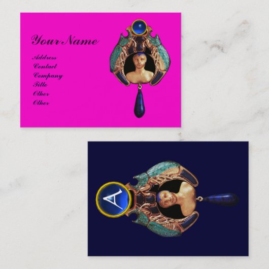 Carte De Visite Bug dame, Lapin, Monogramme en pierre bleue rose (Devant / Derrière)