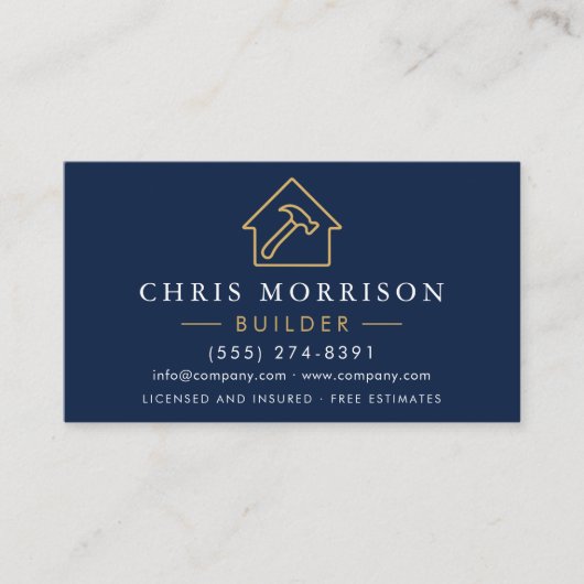 Carte De Visite Builder Navy Blue Gold Modern Construction (Devant)