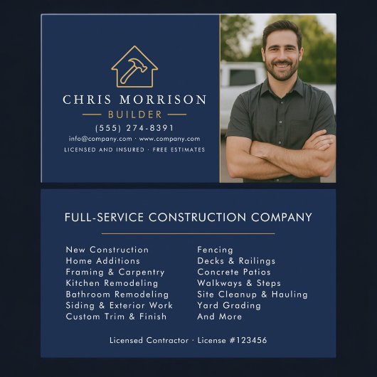Carte De Visite Builder Navy Blue Gold Photo Construction 