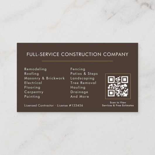 Carte De Visite Building Construction Brown Gold QR Code (Dos)