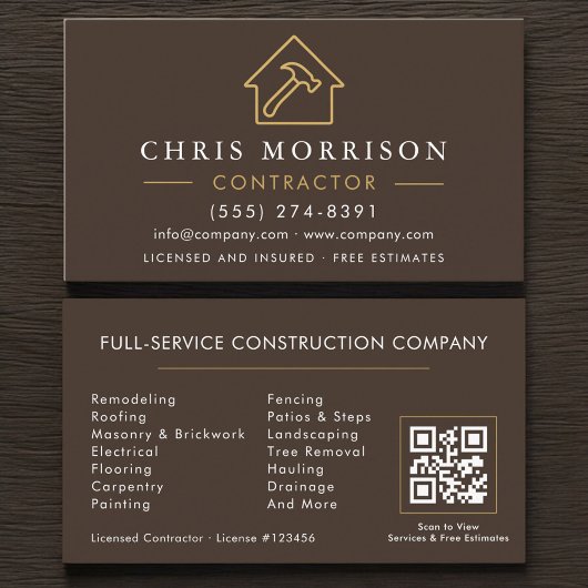 Carte De Visite Building Construction Brown Gold QR Code