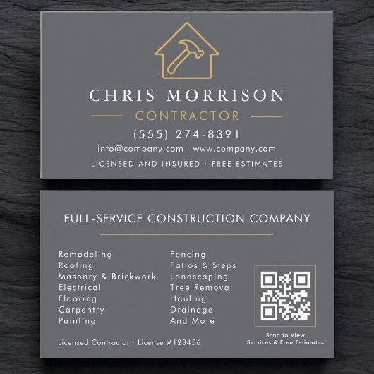 Carte De Visite Building Construction Gray Gold QR Code