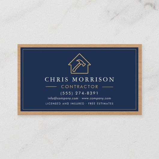 Carte De Visite Building Construction Navy Blue Gold Wood QR Code (Devant)