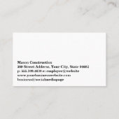 Carte De Visite Bulldozer | Construction | Entrepreneur (Dos)