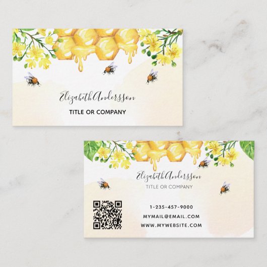 Carte De Visite Bumble abeilles miel fleuri jaune code qr (Devant / Derrière)