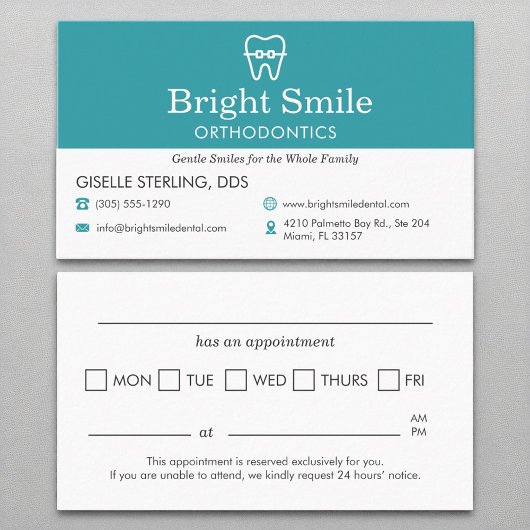 Carte De Visite Bureau orthodontiste Rendez-vous rappel Aqua Blue