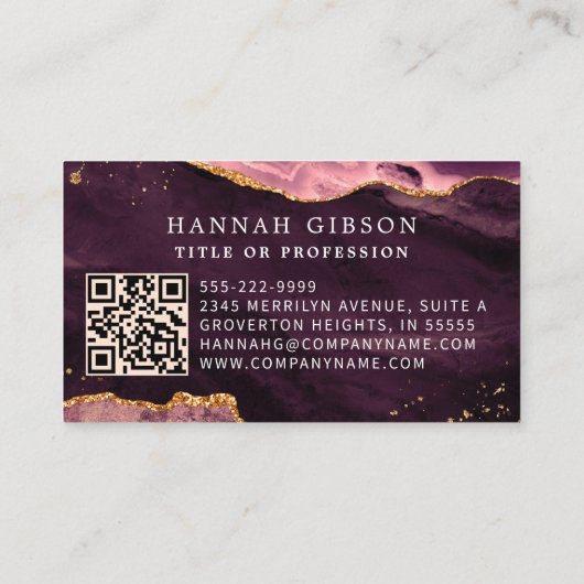 Carte De Visite Burgundy Agate Script Monogramme QR Code (Dos)