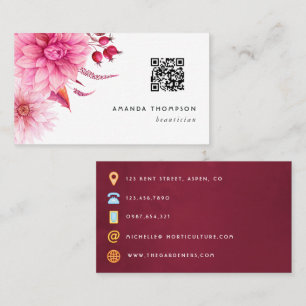 Carte De Visite Burgundy et Blush Aquarelle Florale QR Code