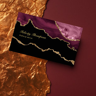 Carte De Visite Burgundy et Gold Geode Agate Stone QR Code