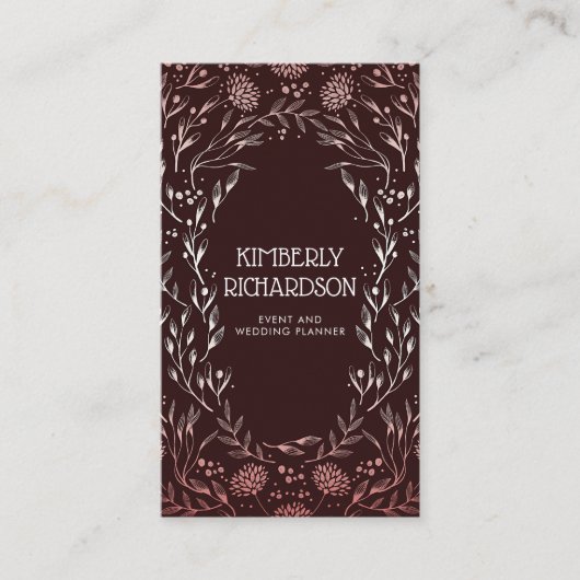Carte De Visite Burgundy et Rose Gold Floral Wreath Élégant (Devant)