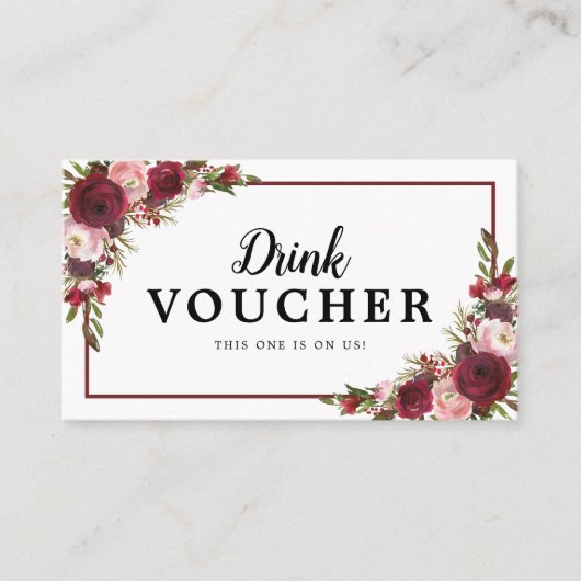 Carte De Visite Burgundy Floral Mariage Voucher boisson gratuite (Devant)