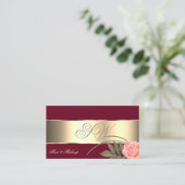 Carte De Visite Burgundy Gold Decor Joli Fleur Rose avec Monogramm (Debout devant)