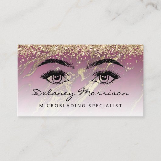 Carte De Visite Burgundy Gold Marble Eyes QR Code Microblading (Devant)