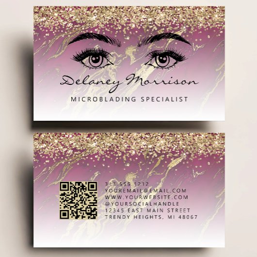 Carte De Visite Burgundy Gold Marble Eyes QR Code Microblading