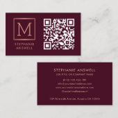 Carte De Visite Burgundy QR Code Logo Monogram Rose Gold (Devant / Derrière)