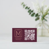 Carte De Visite Burgundy QR Code Logo Monogram Rose Gold (Debout devant)