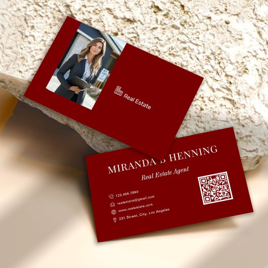 Carte De Visite Burgundy Real Estate Agent Photo QR Code
