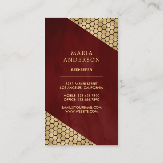 Carte De Visite Burgundy Red Gold Parties scintillant Miel Bee Bee (Dos)