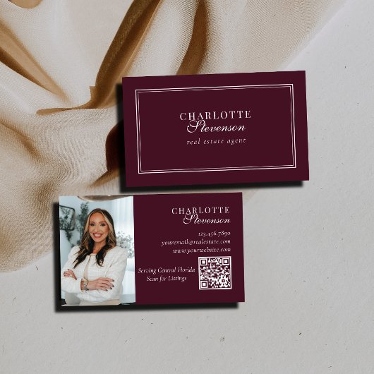 Carte De Visite Burgundy & White Professional Luxury Photo QR Code