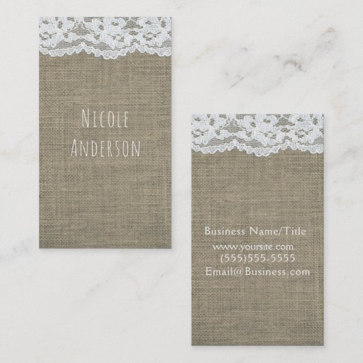 Carte De Visite Burlap & Dentelle Simple Rustique Pays Élégant Chi (Devant / Derrière)