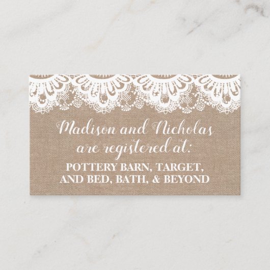 Carte De Visite Burlap et dentelle Registre Insérés Cartes, Rustiq (Devant)