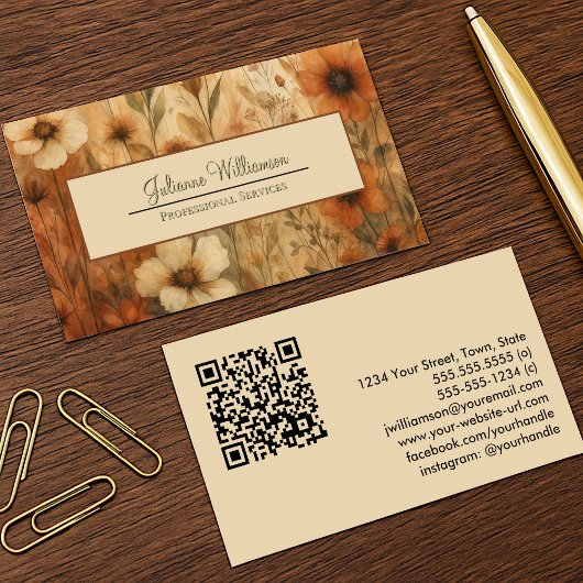 Carte De Visite Burning Sienna Boho Chic Aquarelle Floral QR Code