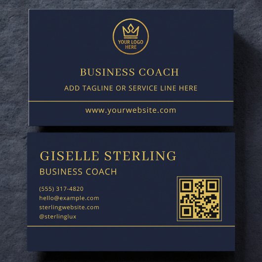 Carte De Visite Business Coach Blue Gold Logo QR Code