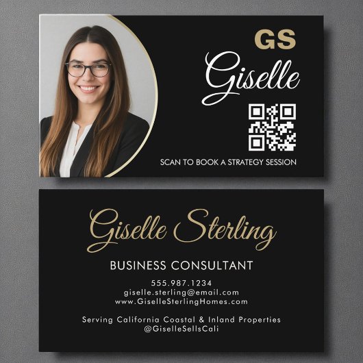 Carte De Visite Business Consultant Black Gold Photo QR Code