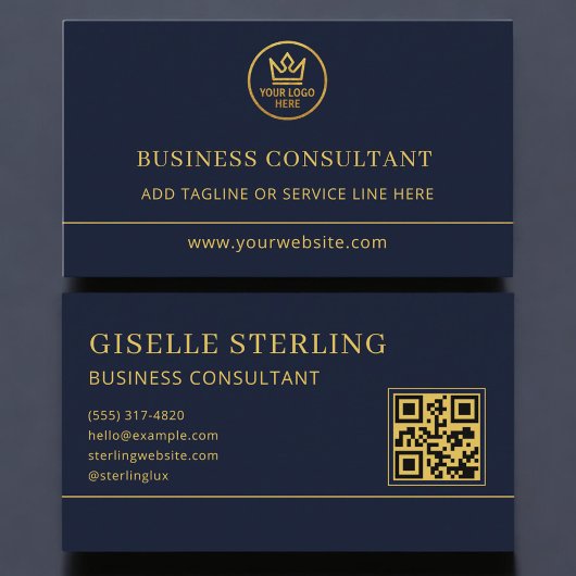 Carte De Visite Business Consultant Blue Gold Logo QR Code