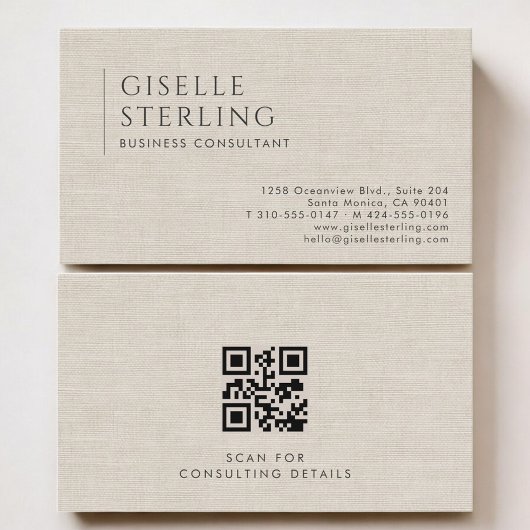 Carte De Visite Business Consultant Luxury Neutral Linen QR Code