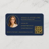 Carte De Visite Business Consultant Navy Blue Gold Photo QR Code (Dos)