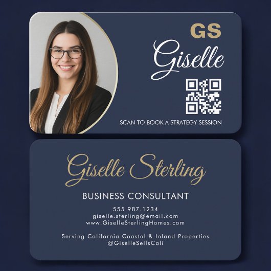 Carte De Visite Business Consultant Photo QR Code Navy Blue Gold