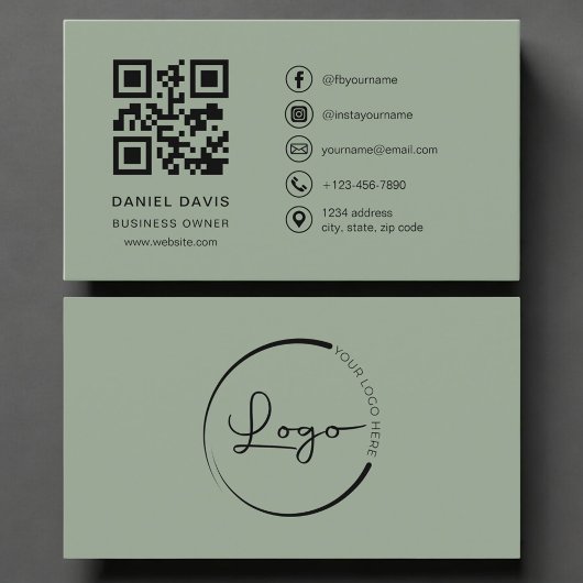 Carte De Visite Business Owner Sage Green Logo QR Code 