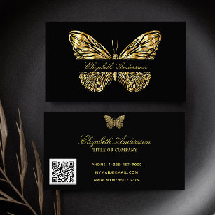 Carte De Visite Butterfly noir or code QR élégant script