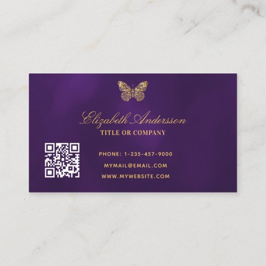 Carte De Visite Butterfly violet or QR code élégant script (Dos)
