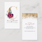 Carte De Visite C Monogramme Bourgogne Fleurs rouges et Faux Gold (Devant / Derrière)