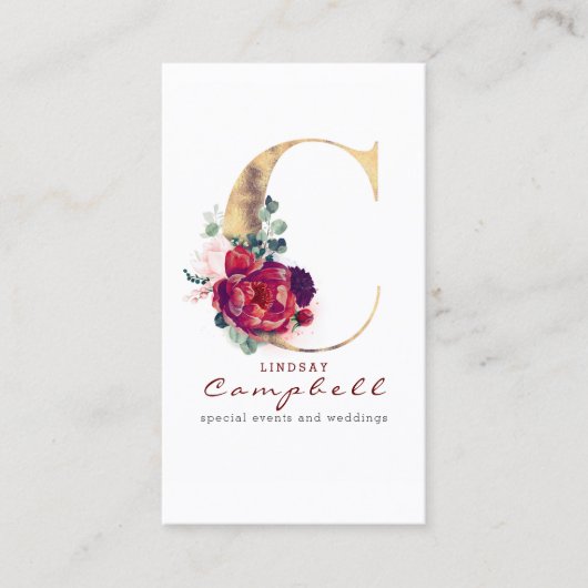 Carte De Visite C Monogramme Bourgogne Fleurs rouges et Faux Gold (Devant)