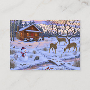 Carte De Visite Cabane d'hiver cerf dans la neige scène de Noël