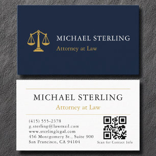 Carte De Visite Cabinet d'avocats Marine Blue Gold QR Code