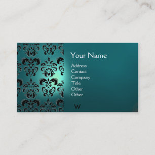 Carte De Visite CACHET DE CIRE DAMASSÉ MONOGRAMME bleu aquamarine