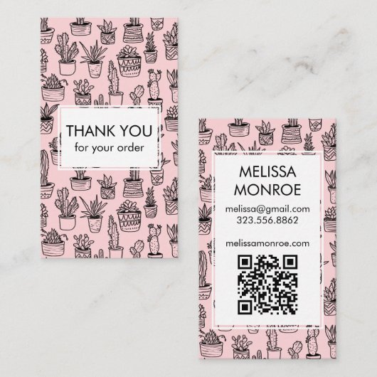 Carte De Visite Cactus mignons et succulents Code QR Merci de comm (Devant / Derrière)