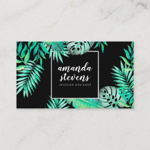 Carte De Visite Cadre argent chic aquarelle tropicale verte feuill