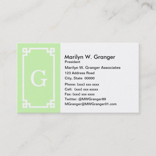 Carte De Visite Cadre clé grecque blanche céleri #2 Monogramme ini (Devant)