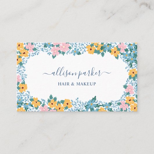 Carte De Visite Cadre de fleurs de prairie rose jaune bleu (Devant)