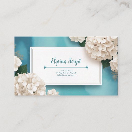 Carte De Visite Cadre doré avec fleurs d'hydrangea turquoise éléga (Devant)