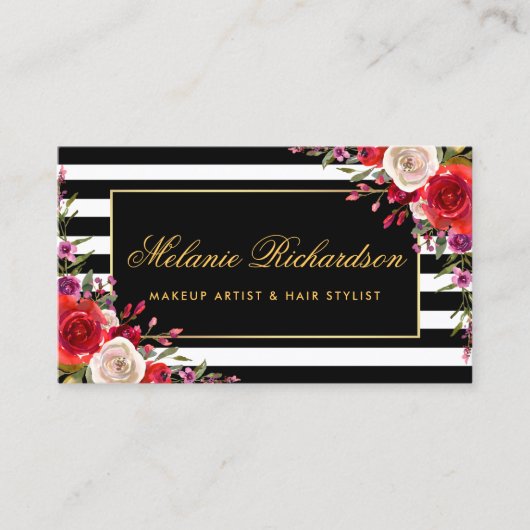 Carte De Visite Cadre floral d'or d'aquarelle barré (Devant)